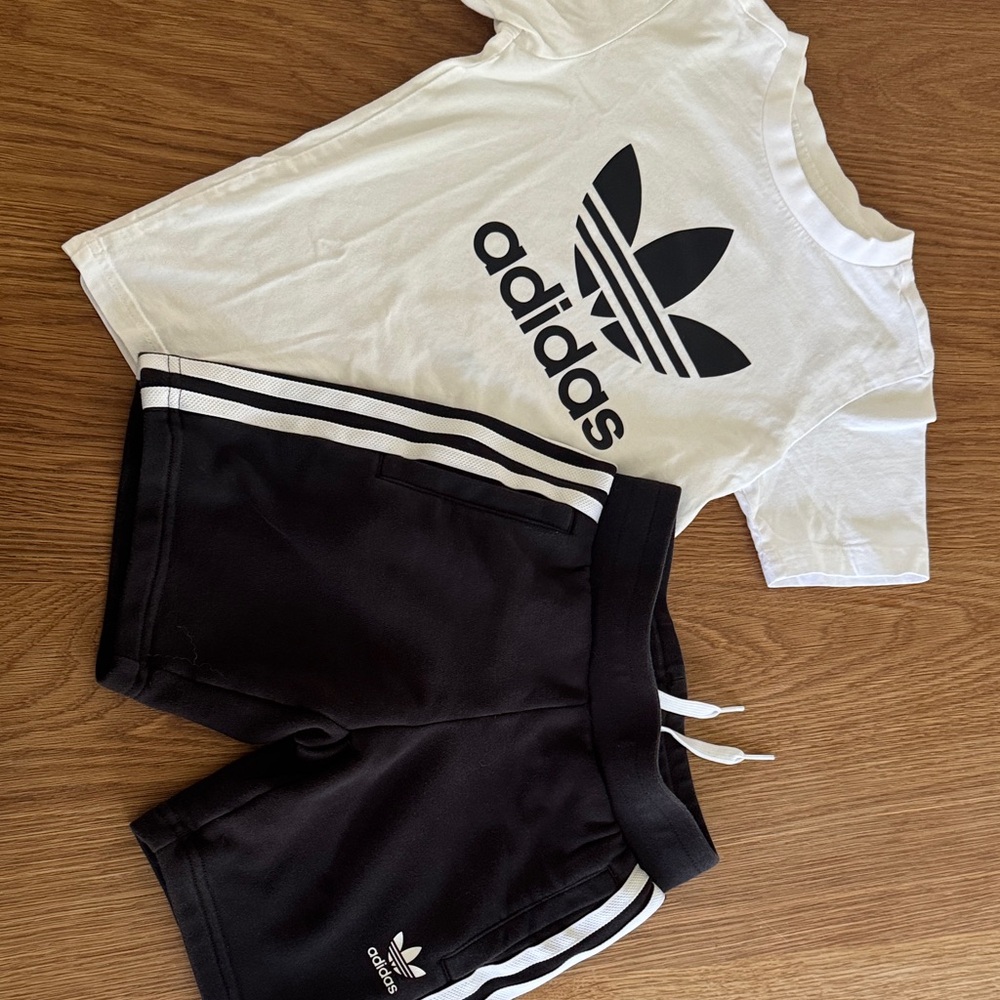 Adidas Kids Black and White Striped Shorts Set with Matching Tee